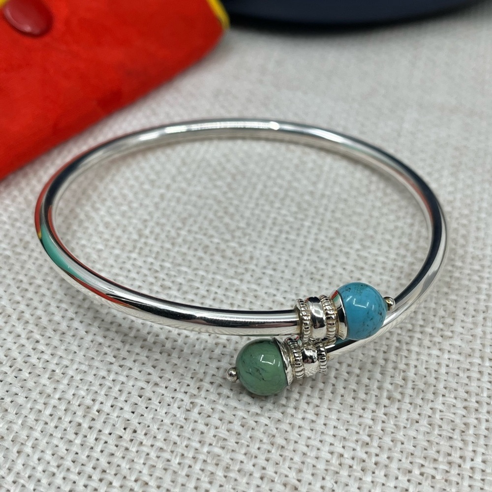 Vintage 925 Sterling Silver Front-Open Torque Bracelet - Turquoise - Picture 6 of 17
